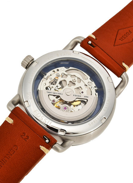 Fossil Commuter Automatic Skeleton Blue Dial Brown Leather Strap Watch for Men - ME3159