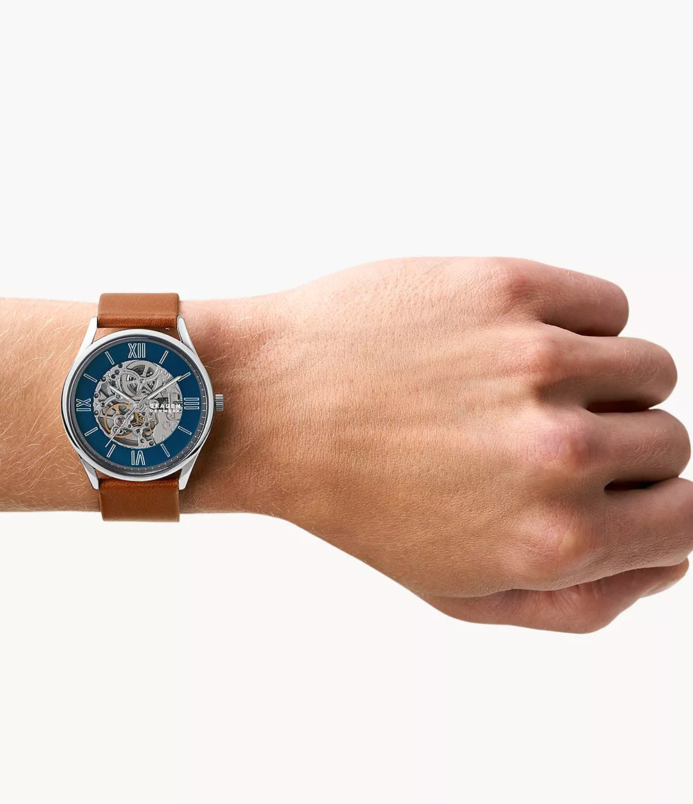 Fossil Forrester Luggage Automatic Skeleton Blue Dial Brown Leather Strap Watch for Men - ME3179