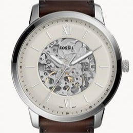 Fossil Neutra Automatic Skeleton White Dial Brown Leather Strap Watch for Men - ME3184