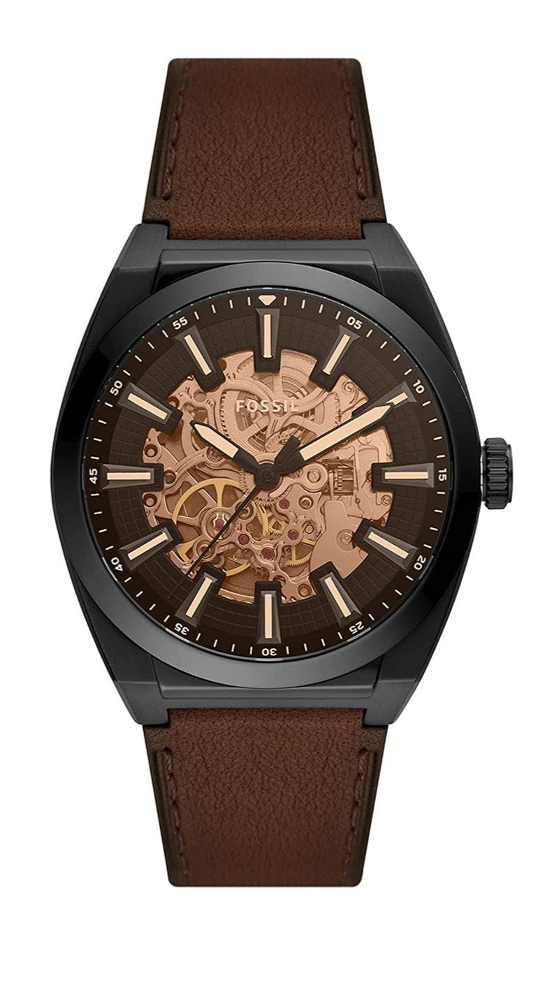 Fossil Everett Automatic Analog Black Dial Brown Leather Strap Watch for Men - ME3207