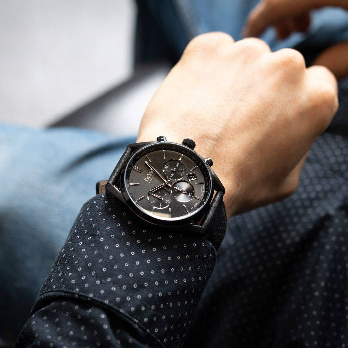 Hugo Boss Champion Chronograph Black Dial Black Leather Strap Watch for Men - 1513880