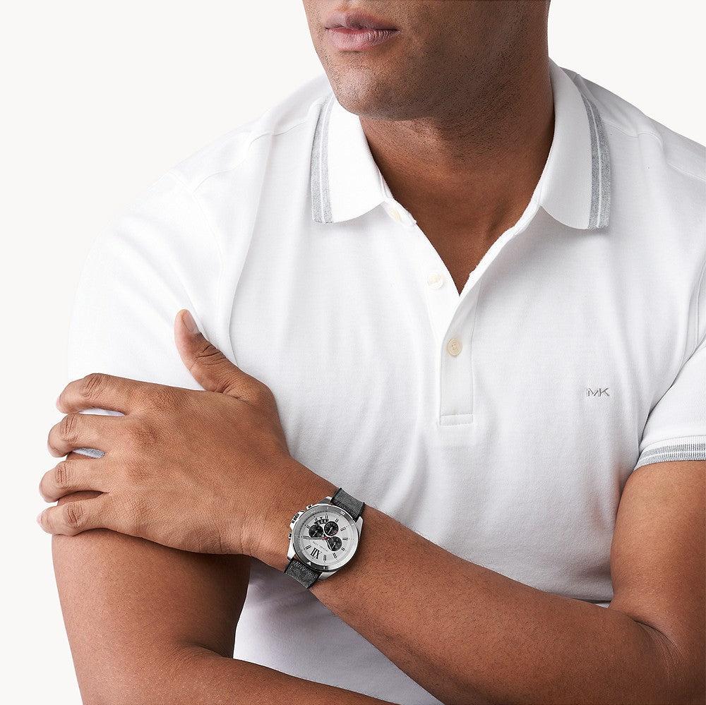 Michael Kors Brecken Chronograph Silver Dial Grey Leather Strap Watch For Men - MK8922