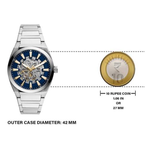 Fossil Everett Automatic Skeleton Blue Dial Silver Steel Strap Watch for Men - ME3220