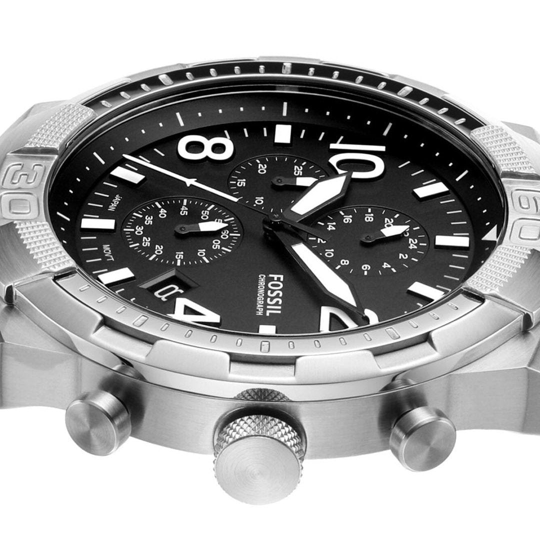 Fossil Bronson Chronograph Black Dial Silver Steel Strap Watch for Men - FS5710
