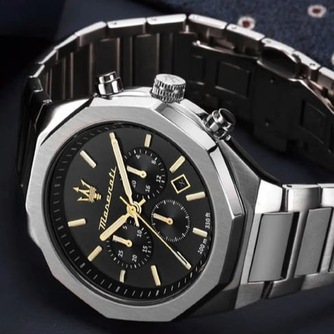 Maserati Stile Chronograph Black Dial Silver Steel Strap Watch For Men - R8873642010