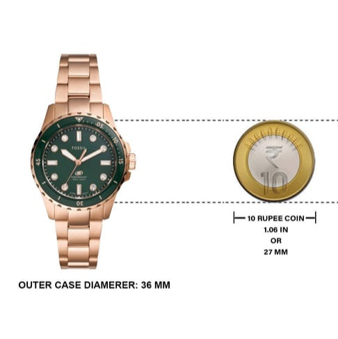 Fossil Blue Dive Three Hand Green Dial Rose Gold Steel Strap Watch For Women - ES5371