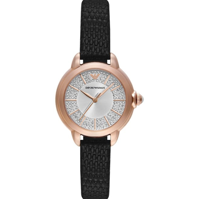 Emporio Armani Mia Three Hand Crystals Silver Dial Black Leather Strap Watch For Women - AR11631