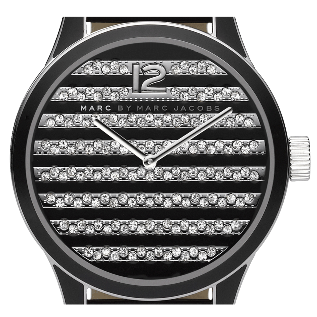 Marc Jacobs Lidia Stripe Glitz Black Dial Black Leather Strap Watch for Women - MBM1166