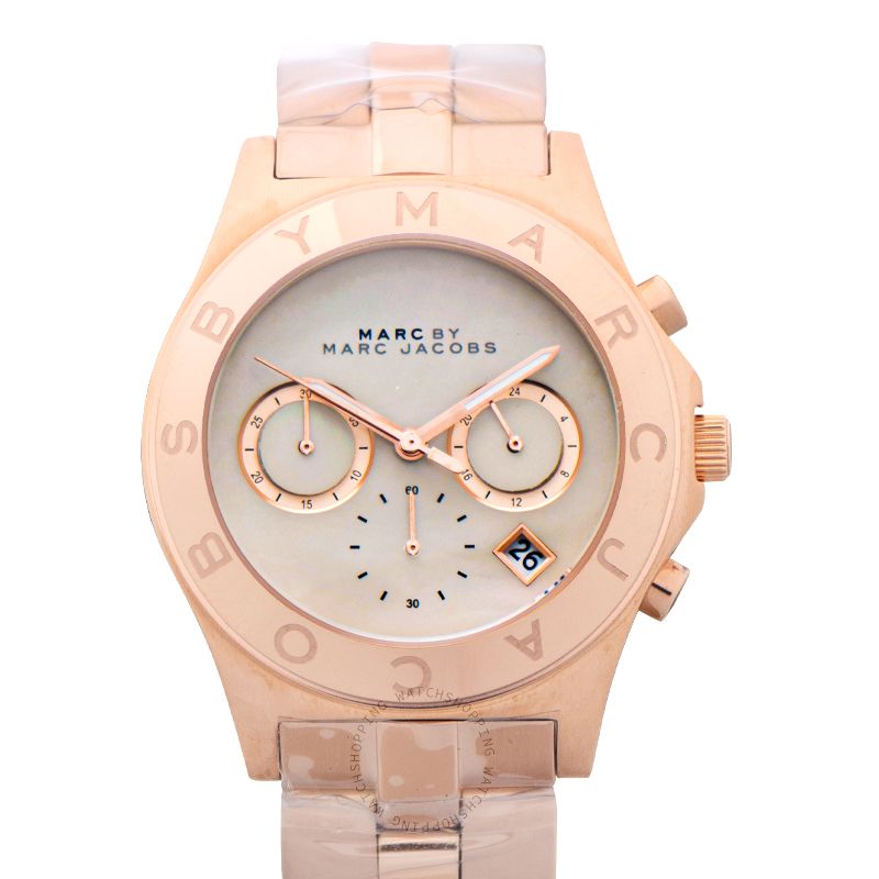 Marc Jacobs Blade Chronograph Mother of Pearl White Dial Rose Gold Steel Strap Watch for Women - MBM8637