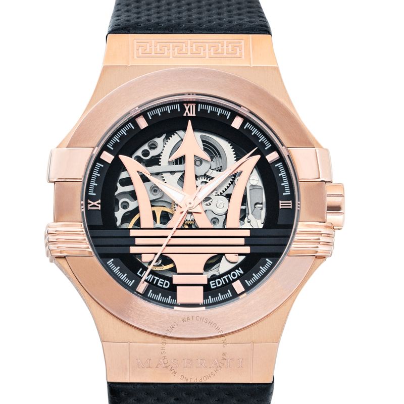 Maserati Potenza Limited Edition Automatic Skeleton Black Dial Black Leather Strap Watch For Men - R8821108025