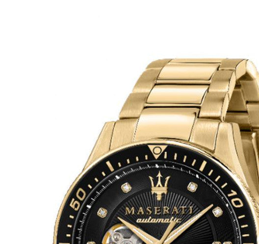 Maserati SFIDA Black Dial Yellow Gold Toned Stainless Steel Watch For Men - R8823140003