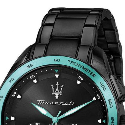 Maserati Traguardo Chronograph Aqua Edition Black Dial Black Steel Strap Watch For Men - R8873644002