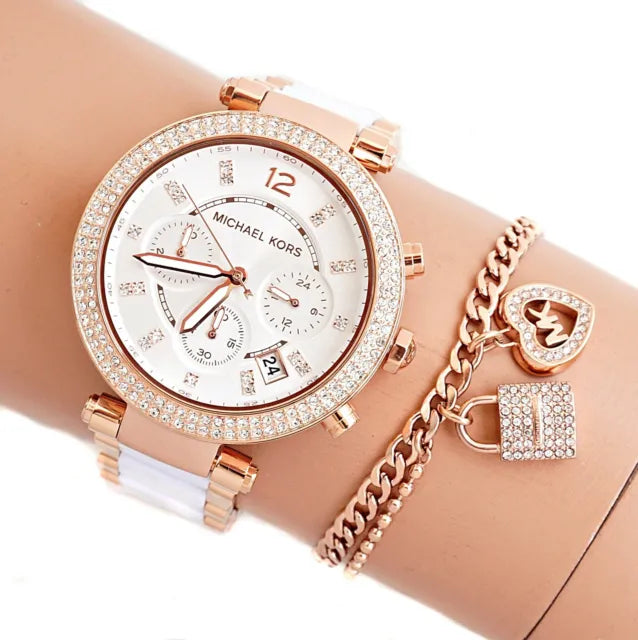 Michael Kors Parker White Dial Two Tone Steel Strap Watch for Women - MK5774