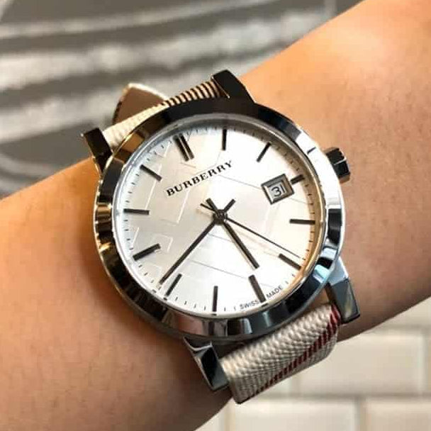 Burberry The City Nova Silver Dial White Leather Strap Watch for Women - BU9022