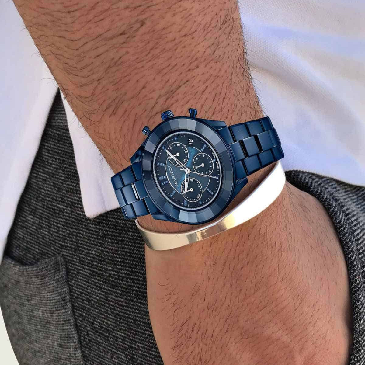 Swarovski Octea Lux Sport Chronograph Blue Dial Blue Steel Strap Watch for Women - 5610475