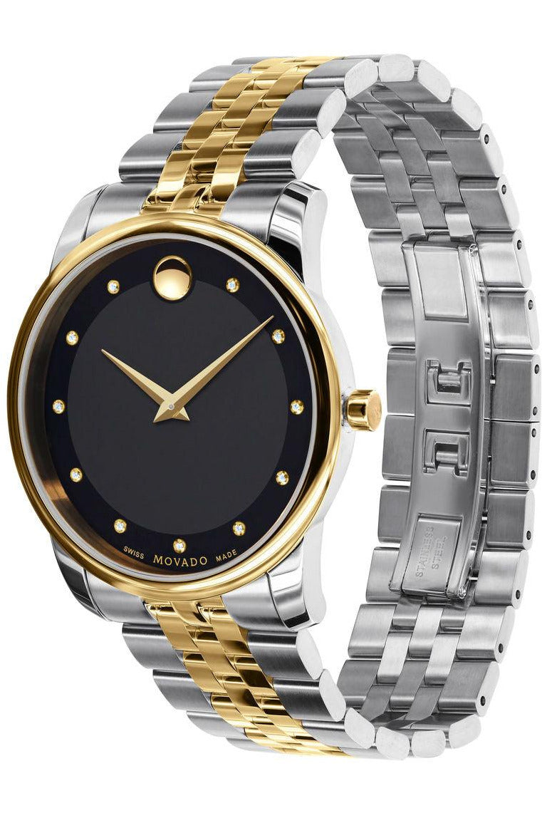 Movado Museum Classic Diamonds Black Dial Two Tone Steel Strap Watch For Men - 0606879