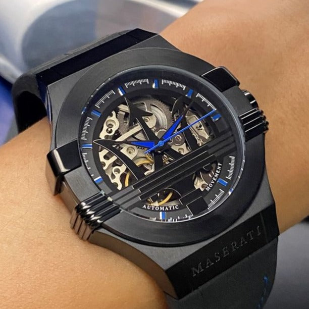 Maserati Potenza Automatic Black Dial Black Leather Strap Watch For Men - R8821108009