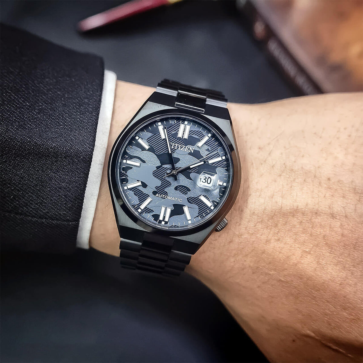 Citizen Tsuyosa Automatic Camouflage Black Dial Black Steel Strap Watch For Men - NJ0155-87E