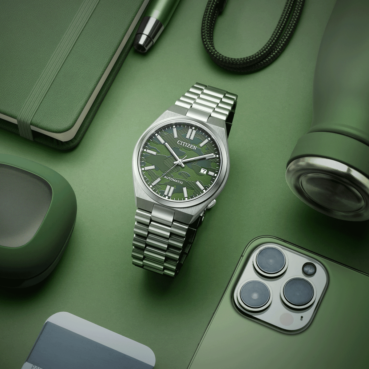 Citizen Tsuyosa Automatic Camouflage Green Dial Silver Steel Strap Watch For Men - NJ0159-86X