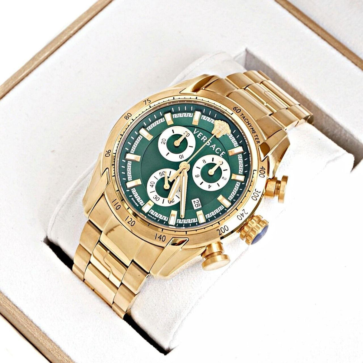 Versace V-Ray Chronograph Green Dial Gold Steel Strap Watch For Men - VE2I00621