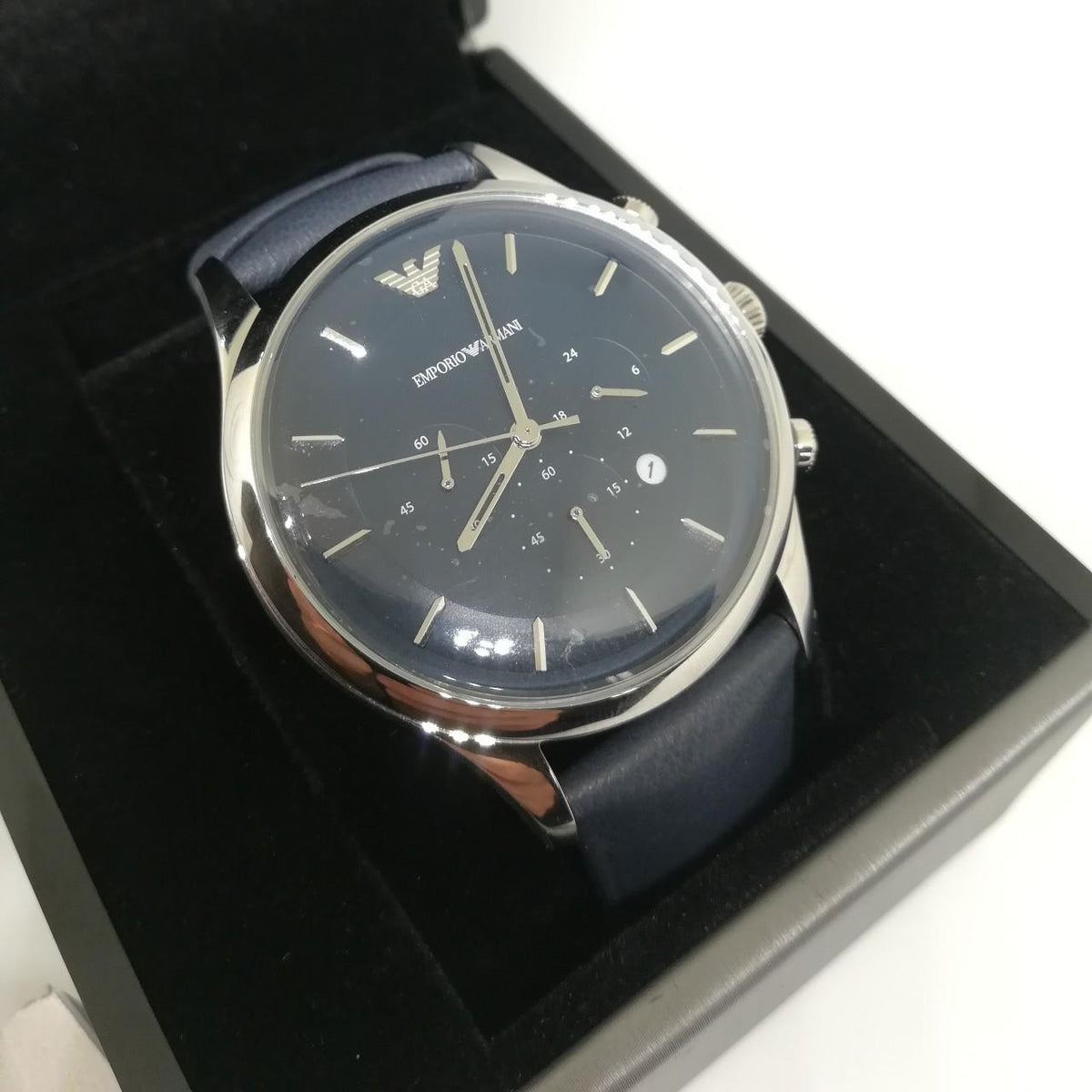 Emporio Armani Lambda Chronograph Blue Dial Blue Leather Strap Watch For Men - AR11018