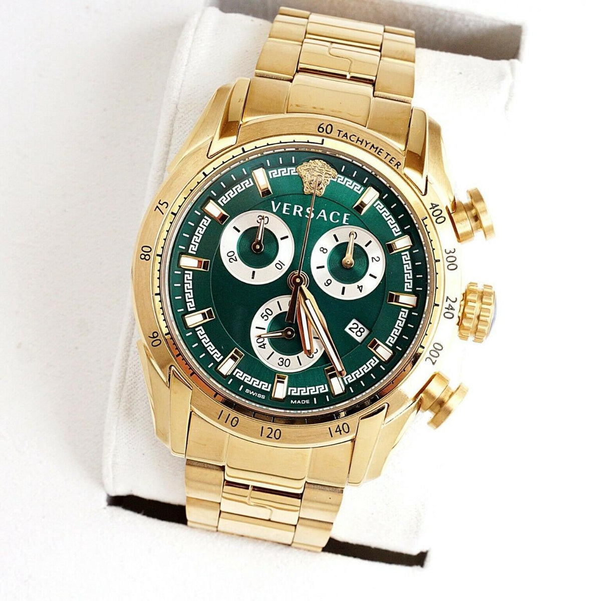 Versace V-Ray Chronograph Green Dial Gold Steel Strap Watch For Men - VE2I00621
