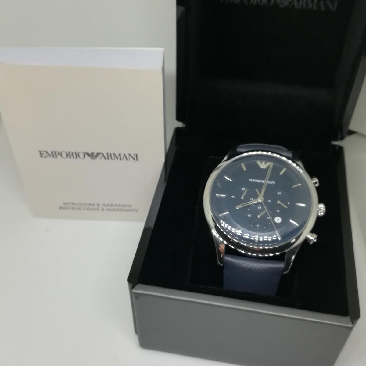 Emporio Armani Lambda Chronograph Blue Dial Blue Leather Strap Watch For Men - AR11018