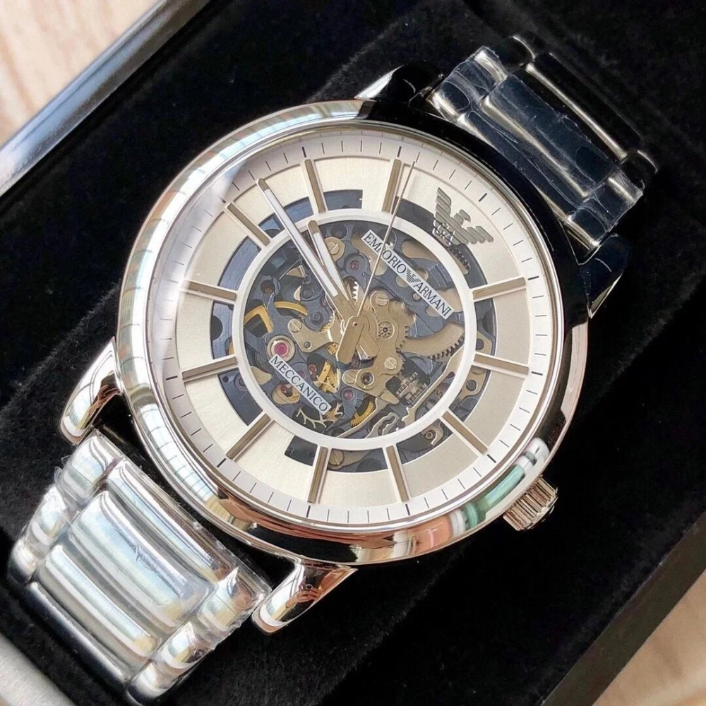 Emporio Armani Meccanico Automatic Silver Dial Silver Steel Strap Watch for Men - AR60006