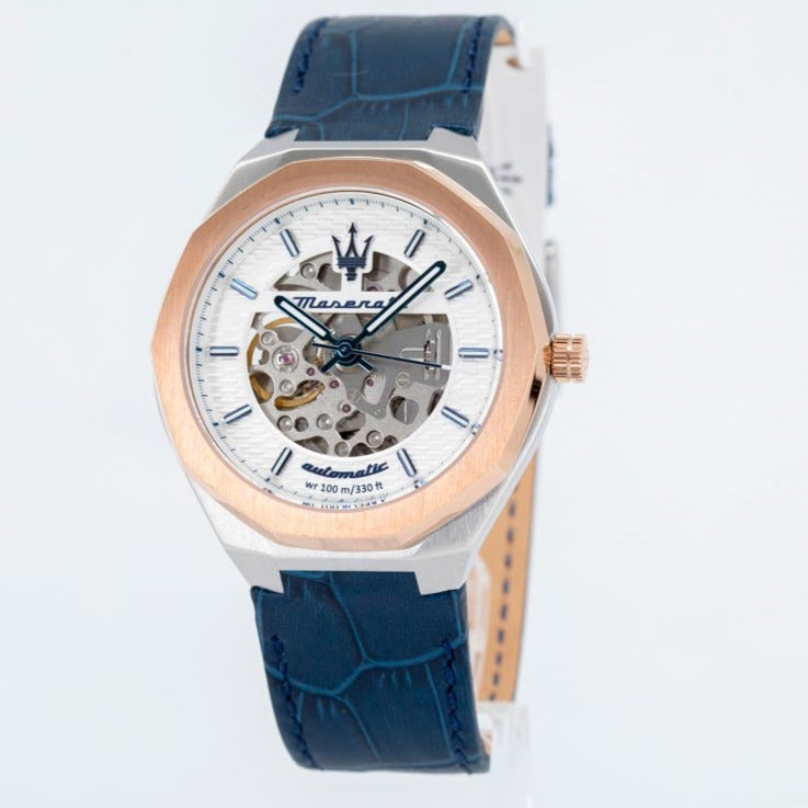 Maserati Stile Automatic Limited Edition White Dial Blue Leather Strap Watch For Men - R8821142001