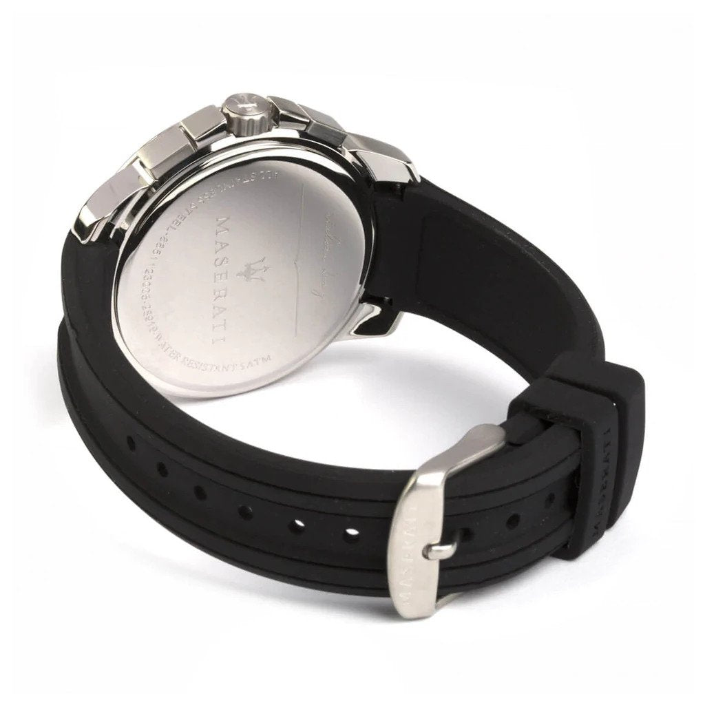 Maserati SFIDA Chronograph Black Silver Dial Black Rubber Strap Watch For Men - R8851123001