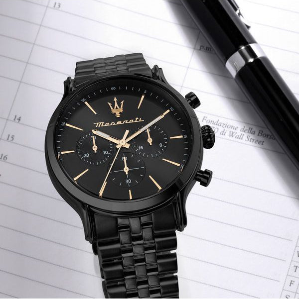 Maserati Epoca Chronograph Limited Edition Black Dial Black Steel Strap Watch For Men - R8873618020