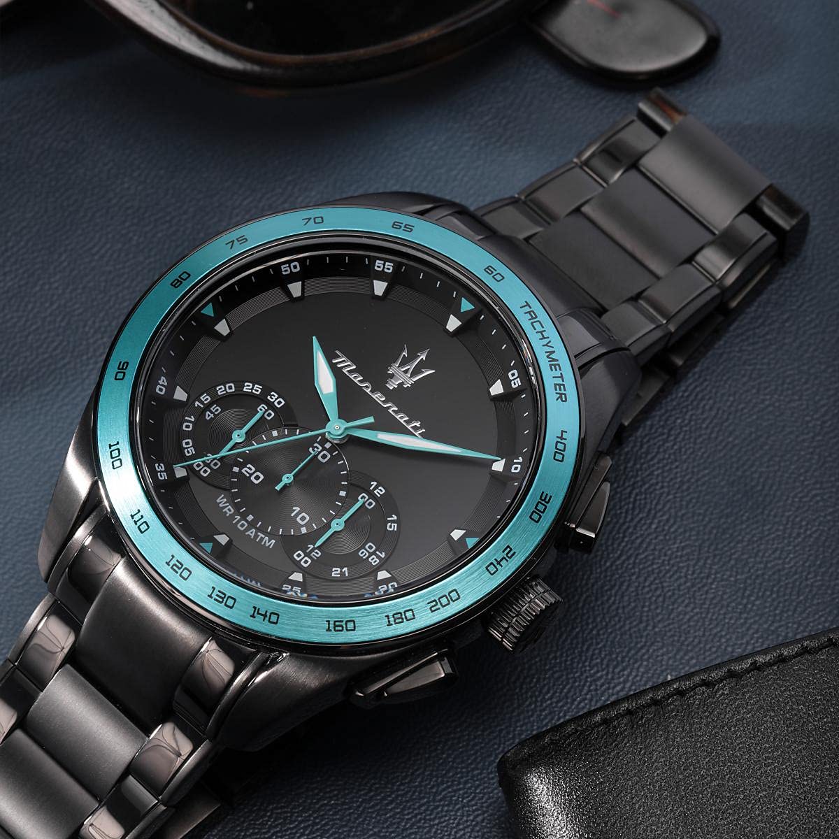 Maserati Traguardo Chronograph Aqua Edition Black Dial Black Steel Strap Watch For Men - R8873644002
