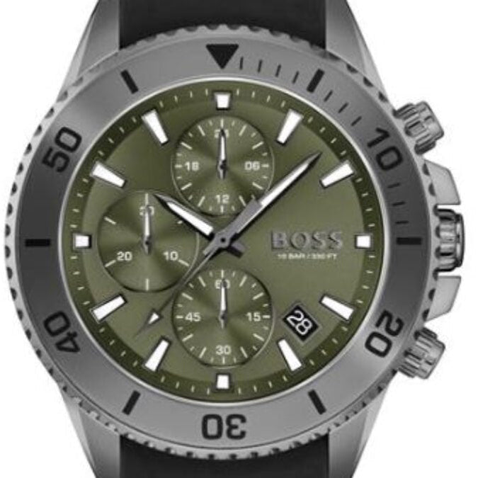 Hugo Boss Admiral Chronograph Green Dial Black Rubber Strap Watch for Men - 1513967