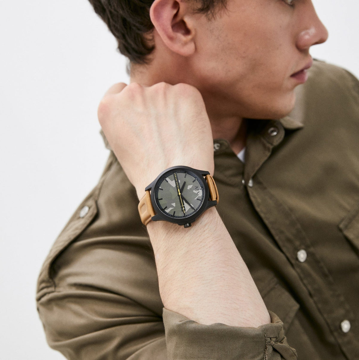 Armani Exchange Hampton Chronograph Green Dial Brown Leather Strap Watch For Men - AX2412