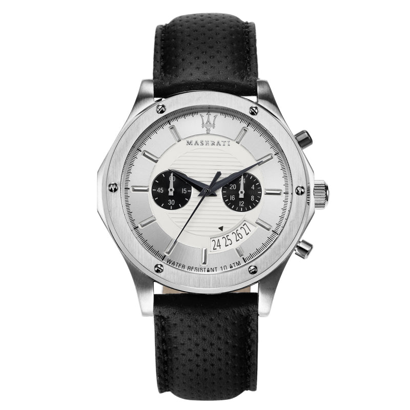 Maserati Circuito Chronograph Analog White Dial Black Leather Strap Watch for Men - R8871627005