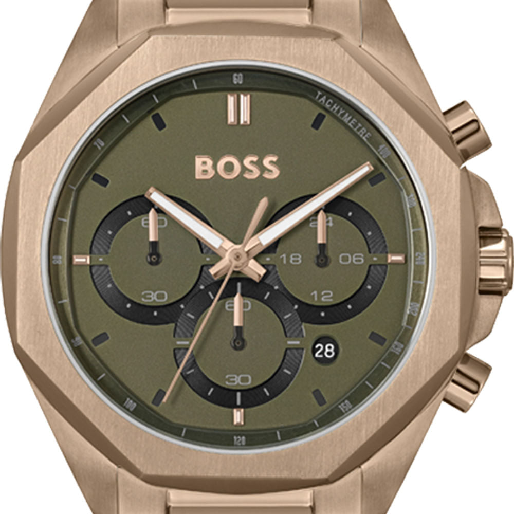 Hugo Boss Classic Chronograph Olive Green Dial Beige Gold Steel Strap Watch For Men - 1514019