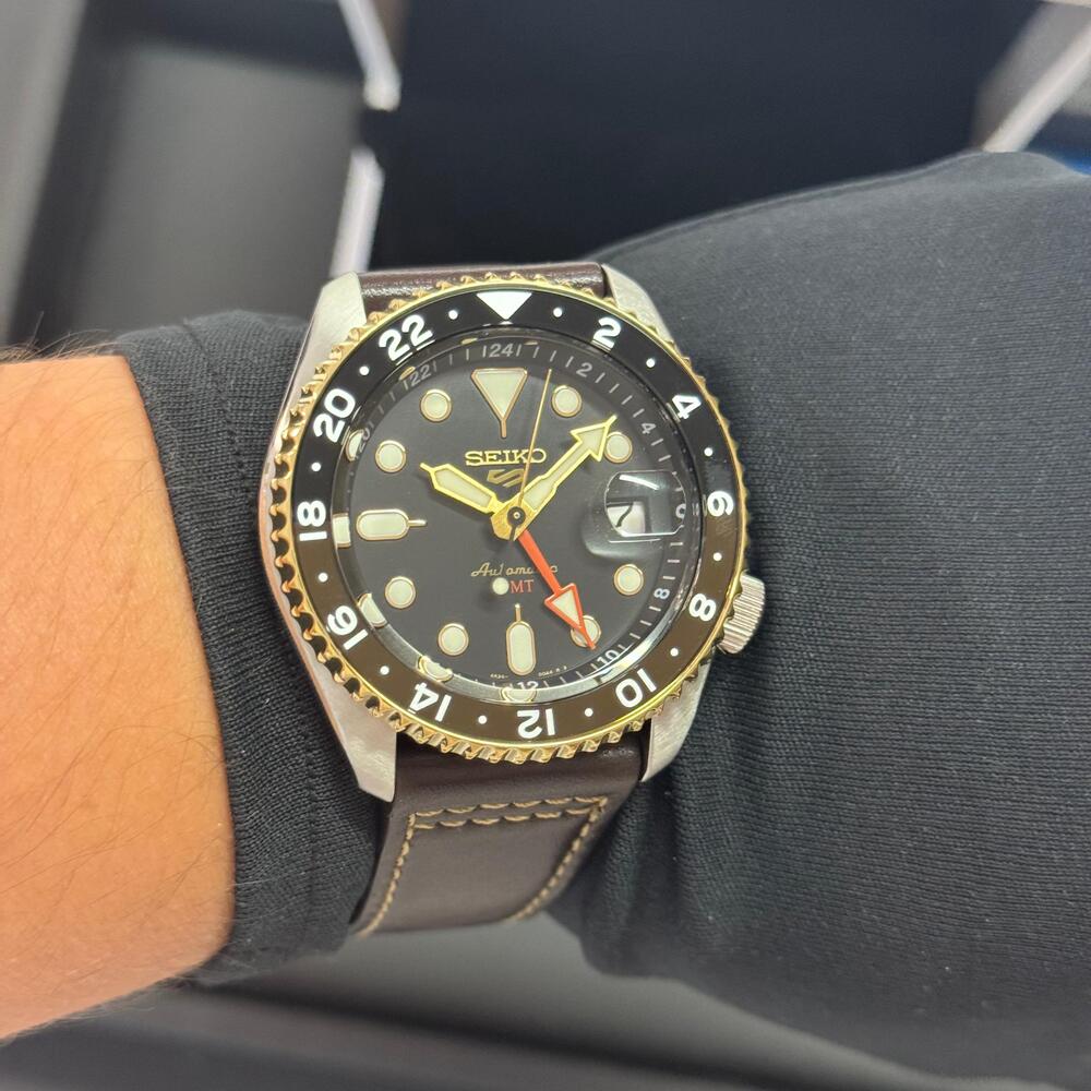 Seiko 5 Sports SKX GMT Automatic Mocha Black Dial Brown Leather Strap Watch For Men - SSK036K1