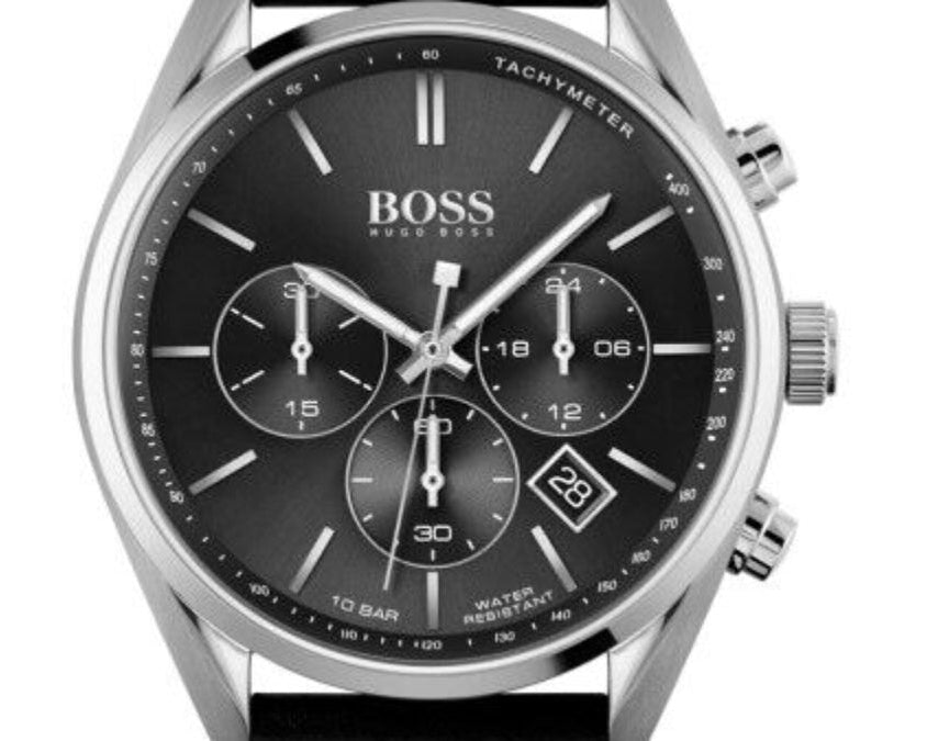 Hugo Boss Champion Chronograph Black Dial Black Leather Strap Watch for Men - 1513816