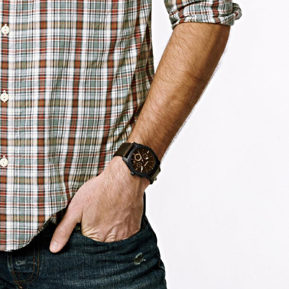 Fossil Machine Chronograph Black Dial Black Leather Strap Watch for Men - FS5586