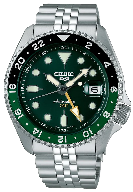 Seiko 5 Sports SKX GMT Automatic Green Dial Silver Steel Strap Watch For Men - SSK035K1