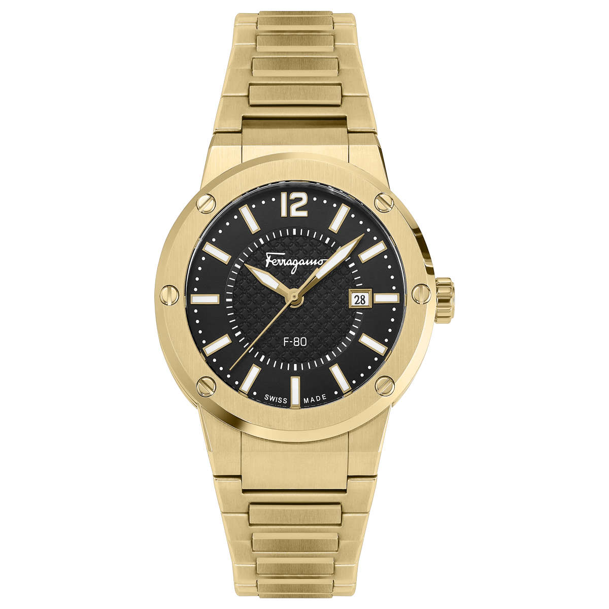 Salvatore Ferragamo F-80 Classic Black Dial Gold Steel Strap Watch for Men - SFHY00821