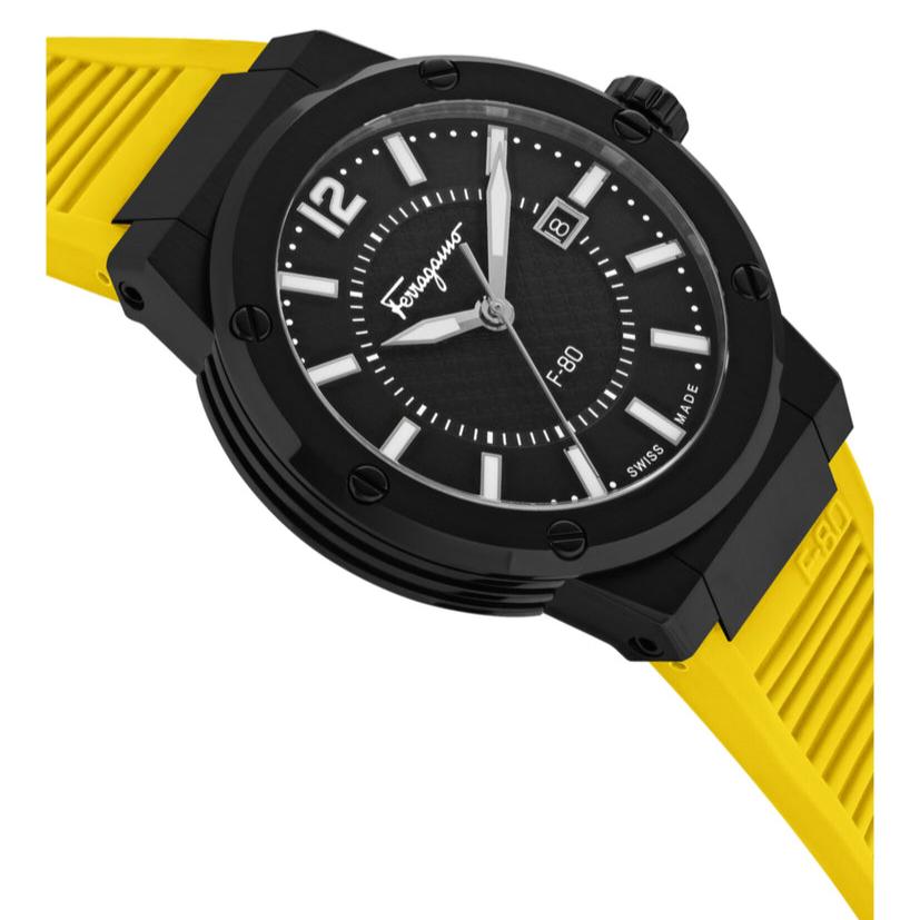 Salvatore Ferragamo F-80 Classic Black Dial Yellow Rubber Strap Watch for Men - SFHY01522