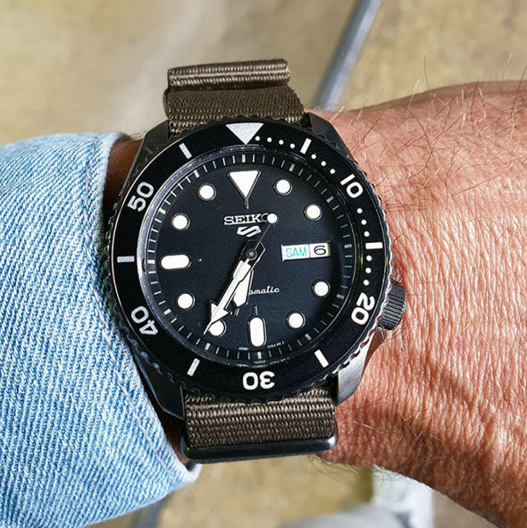 Seiko 5 Sport Automatic Black Dial Green Nylon Strap Watch For Men - SRPD65K4