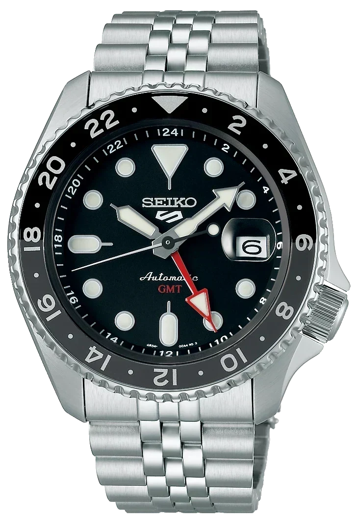 Seiko 5 Sports Automatic GMT Black Dial Silver Steel Strap Watch For Men - SSK001K1
