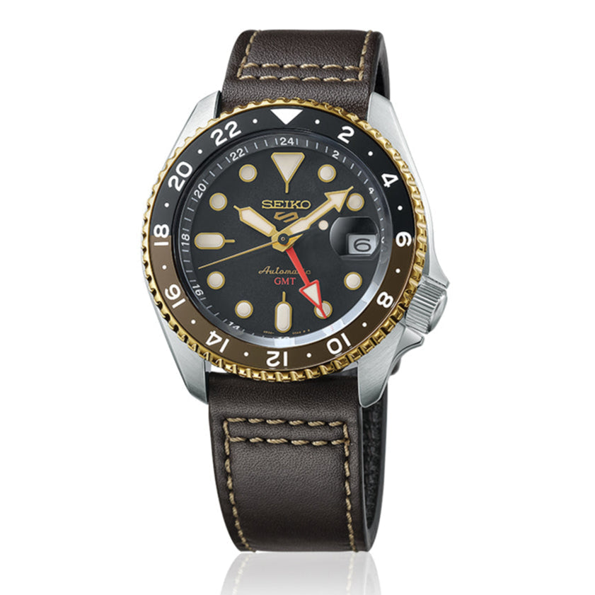 Seiko 5 Sports SKX GMT Automatic Mocha Black Dial Brown Leather Strap Watch For Men - SSK036K1