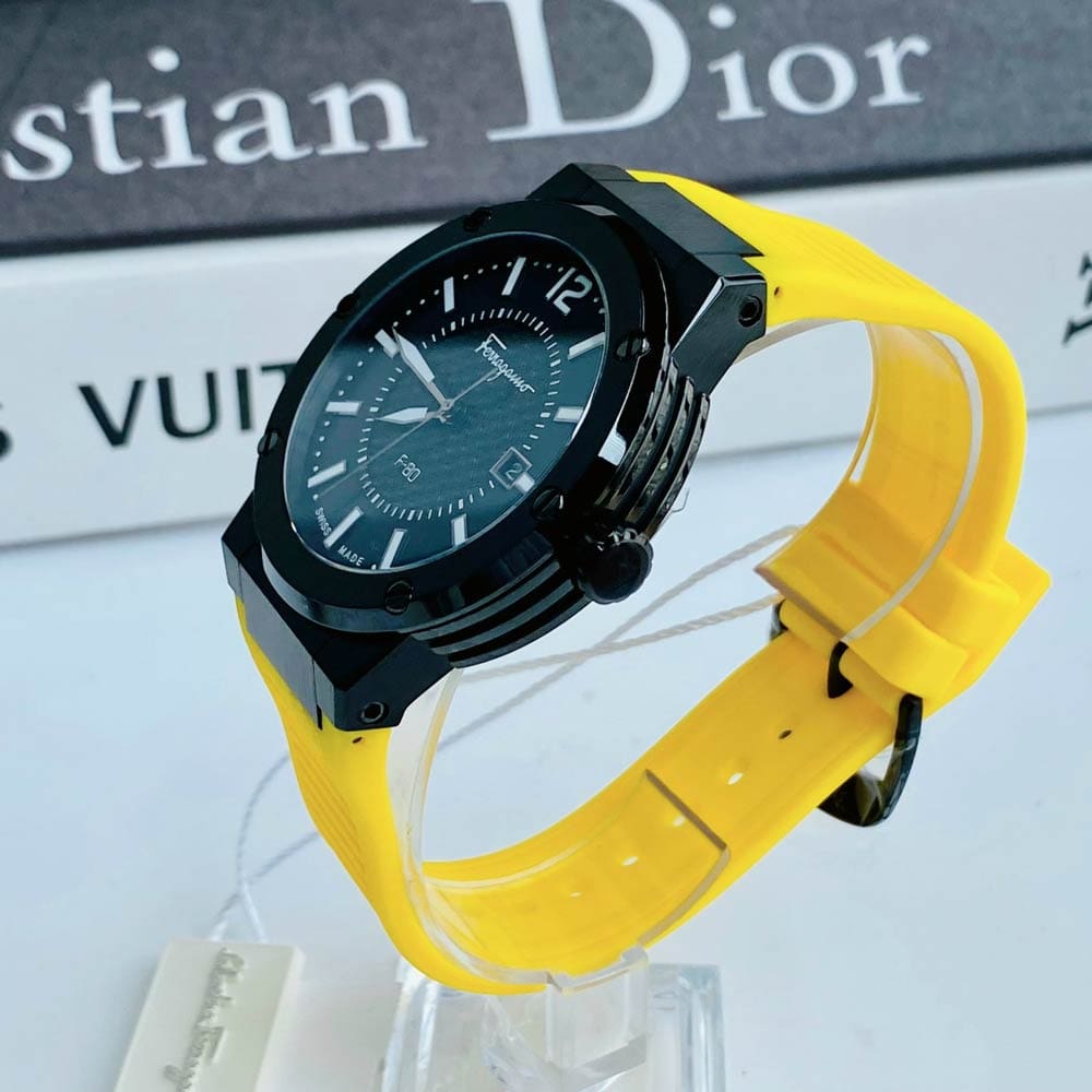 Salvatore Ferragamo F-80 Classic Black Dial Yellow Rubber Strap Watch for Men - SFHY01522