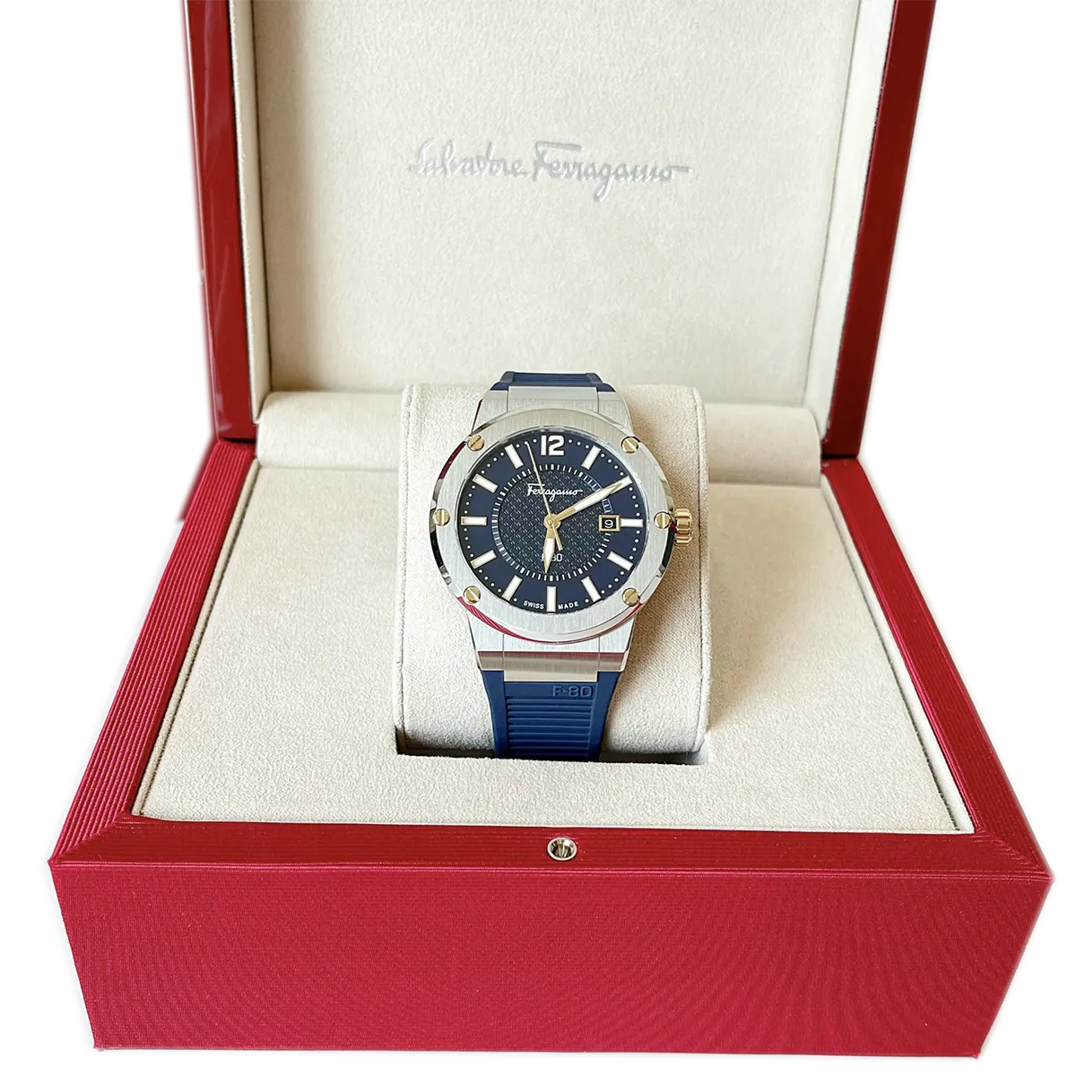 Salvatore Ferragamo F-80 Blue Dial Blue Rubber Strap Watch For Men - SFHY01122