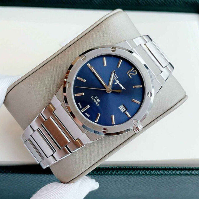 Salvatore Ferragamo F-80 Classic Blue Dial Silver Steel Strap Watch for Men - SFDT01320
