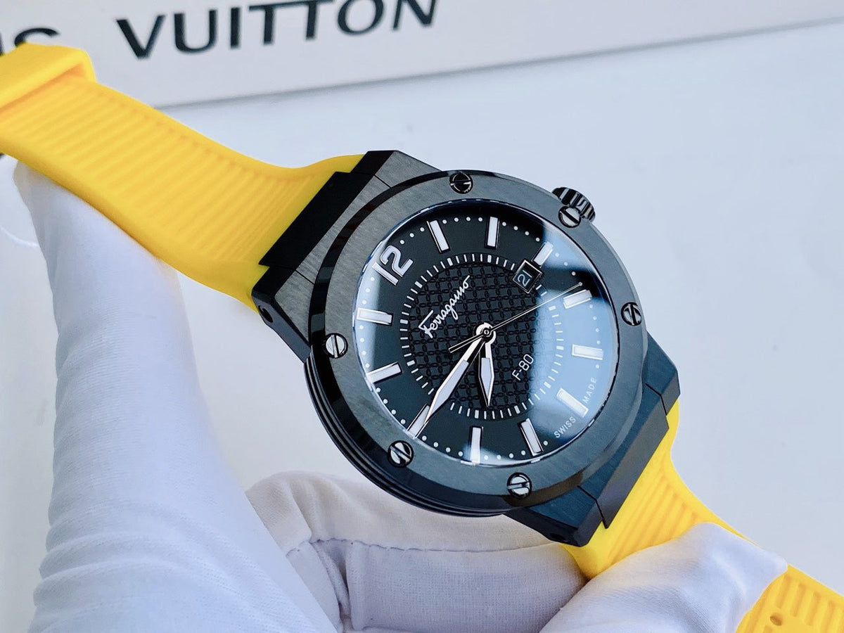 Salvatore Ferragamo F-80 Classic Black Dial Yellow Rubber Strap Watch for Men - SFHY01522