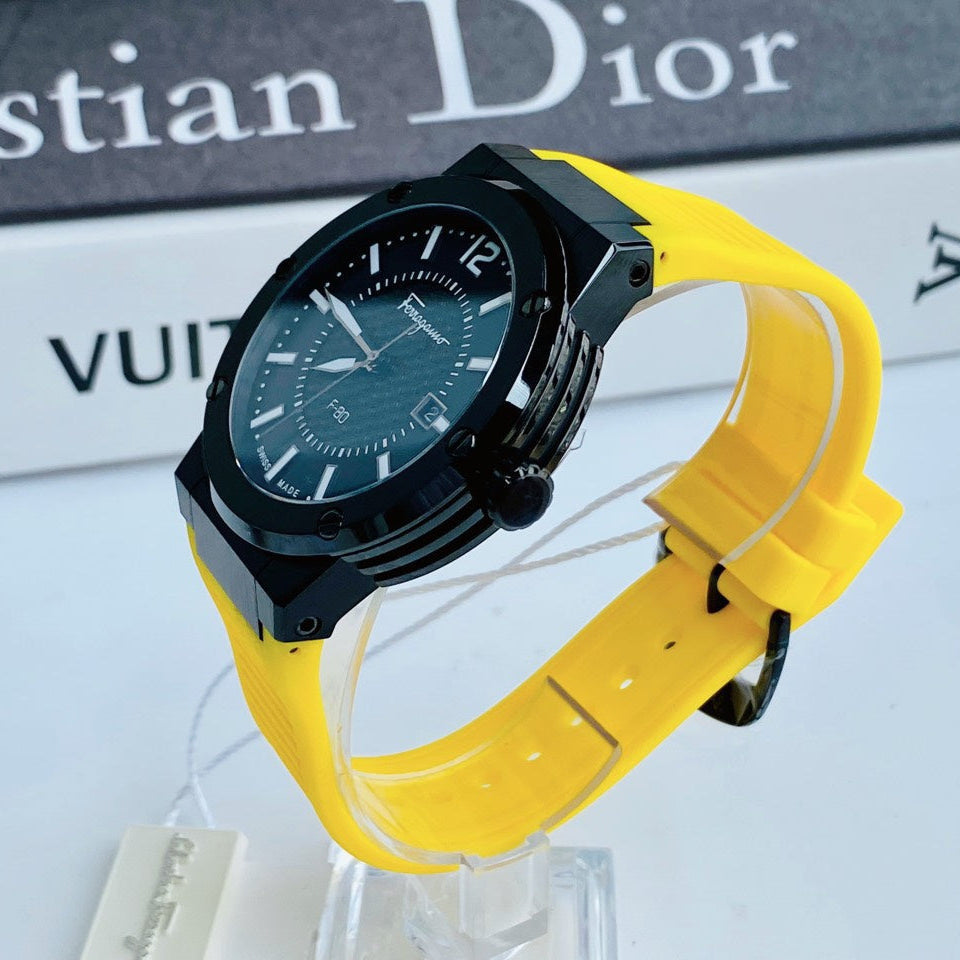 Salvatore Ferragamo F-80 Classic Black Dial Yellow Rubber Strap Watch for Men - SFHY01522